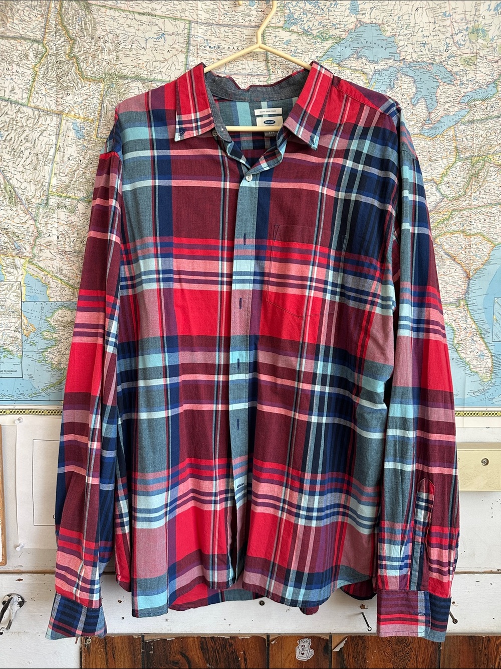 Old Navy Men's Red Plaid Button-Up Shirt - Casual Long Sleeve XXL